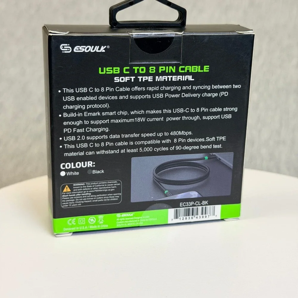 ESOULK USB C to 8 Pin Fast Charging Cable 4FT Black TPE EC33P-CL-BK